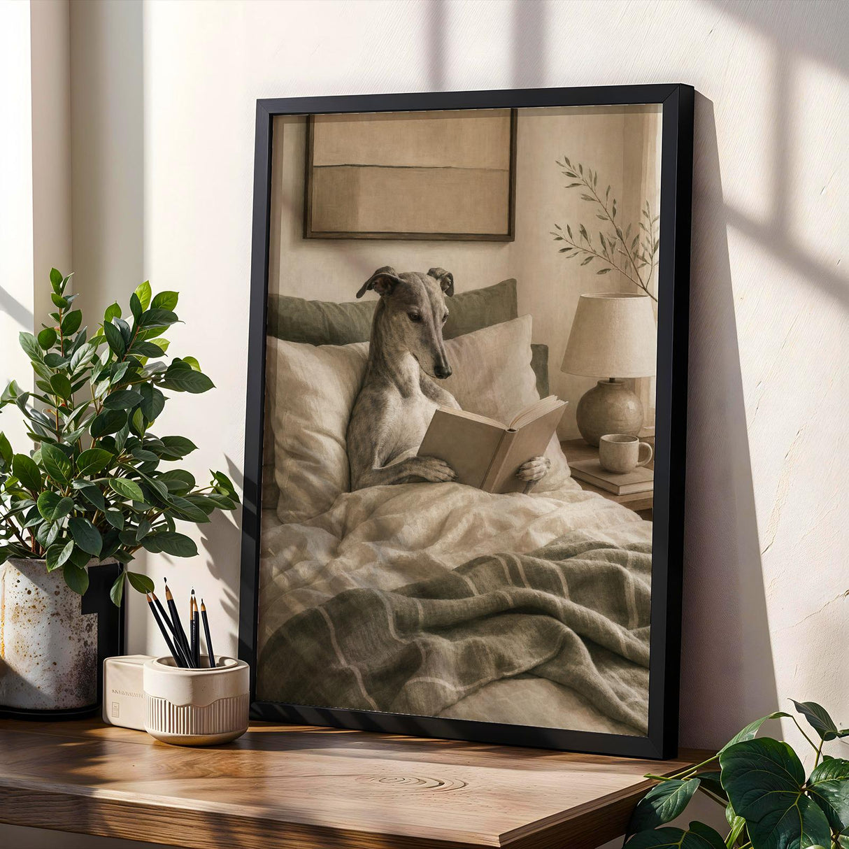 Greyhound Dog Reading In Bed Art Print - Soft Gouache, Warm Beige and Oat Milk