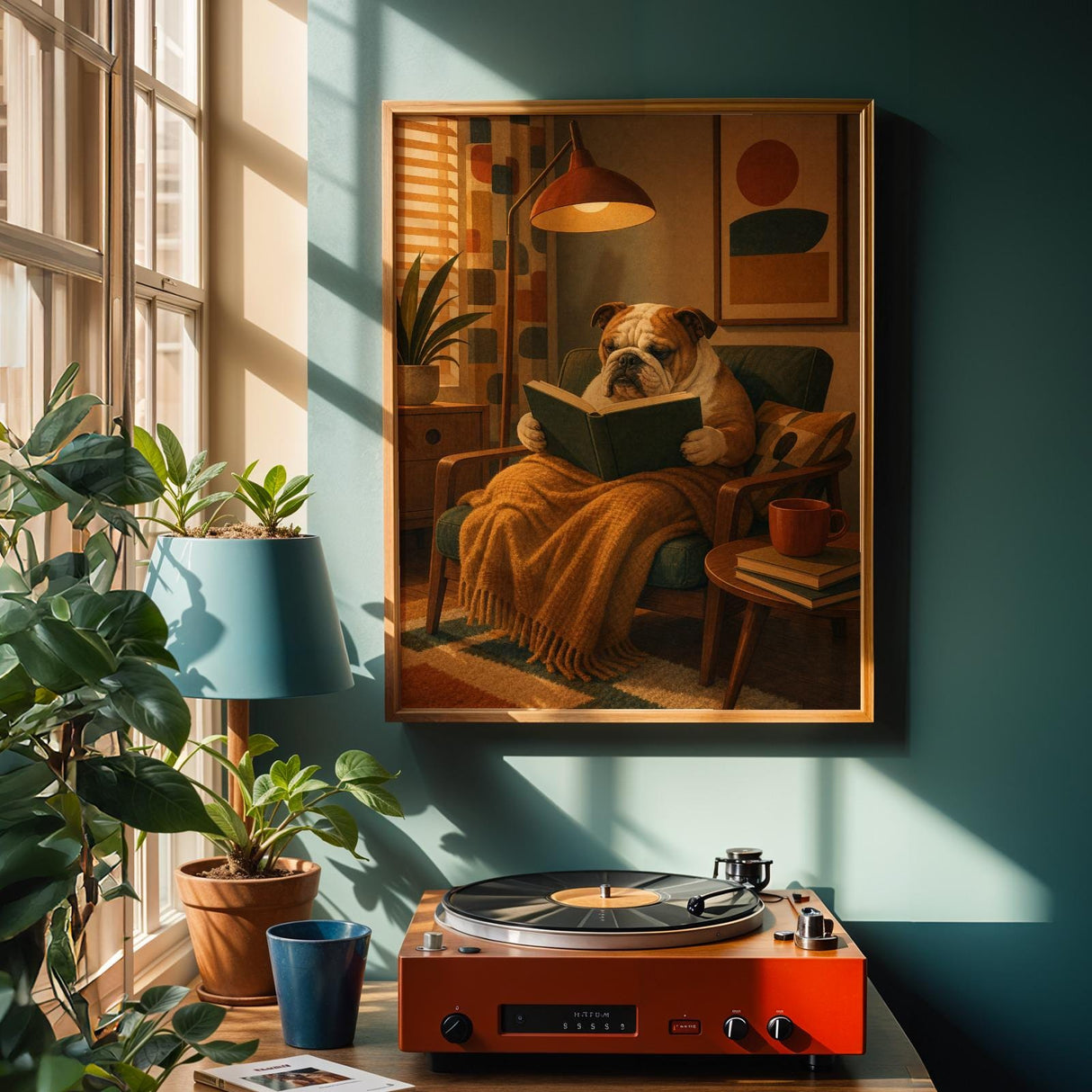 English Bulldog Reading a Book Poster | Modern Dog Wall Art Print | Mustard Yellow Burnt Orange Decor | Cozy Reading Nook Art