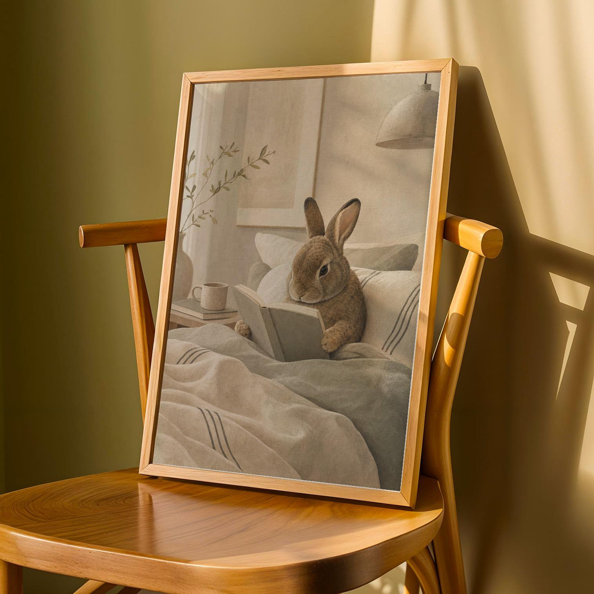 Mini Rex Rabbit Reading in Bed Poster | Scandinavian Gouache Bunny Wall Art | Warm Beige Oat Milk Decor | Cozy Nordic Bedroom Print