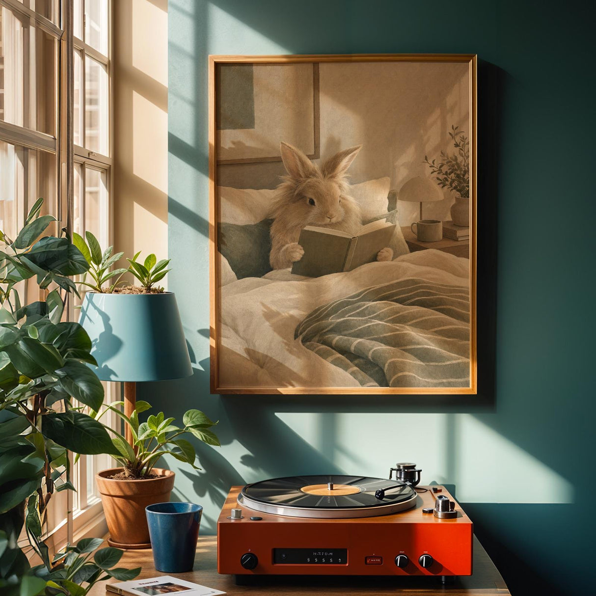 Lionhead Rabbit Reading in Bed Poster | Modern Gouache Bunny Wall Art | Warm Neutral Bedroom Decor Print | Cozy Minimalist Nook Art