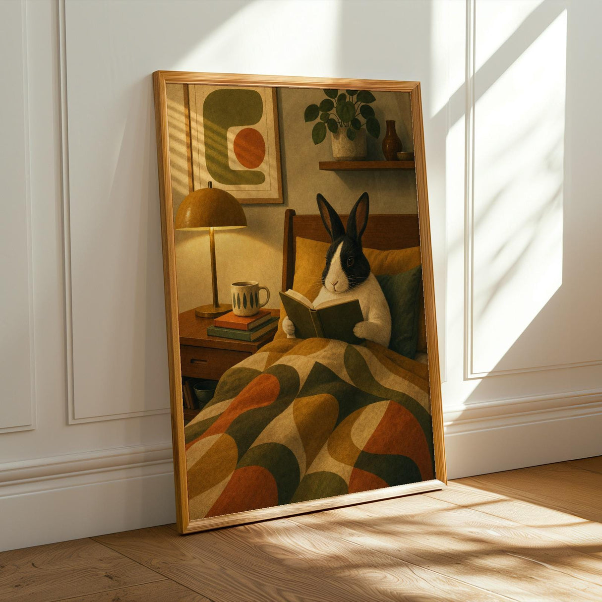 Dutch Rabbit Reading in Armchair Poster | Mid Century Retro Bunny Wall Art | Yellow Green Decor | Cozy Modern Living Room Print
