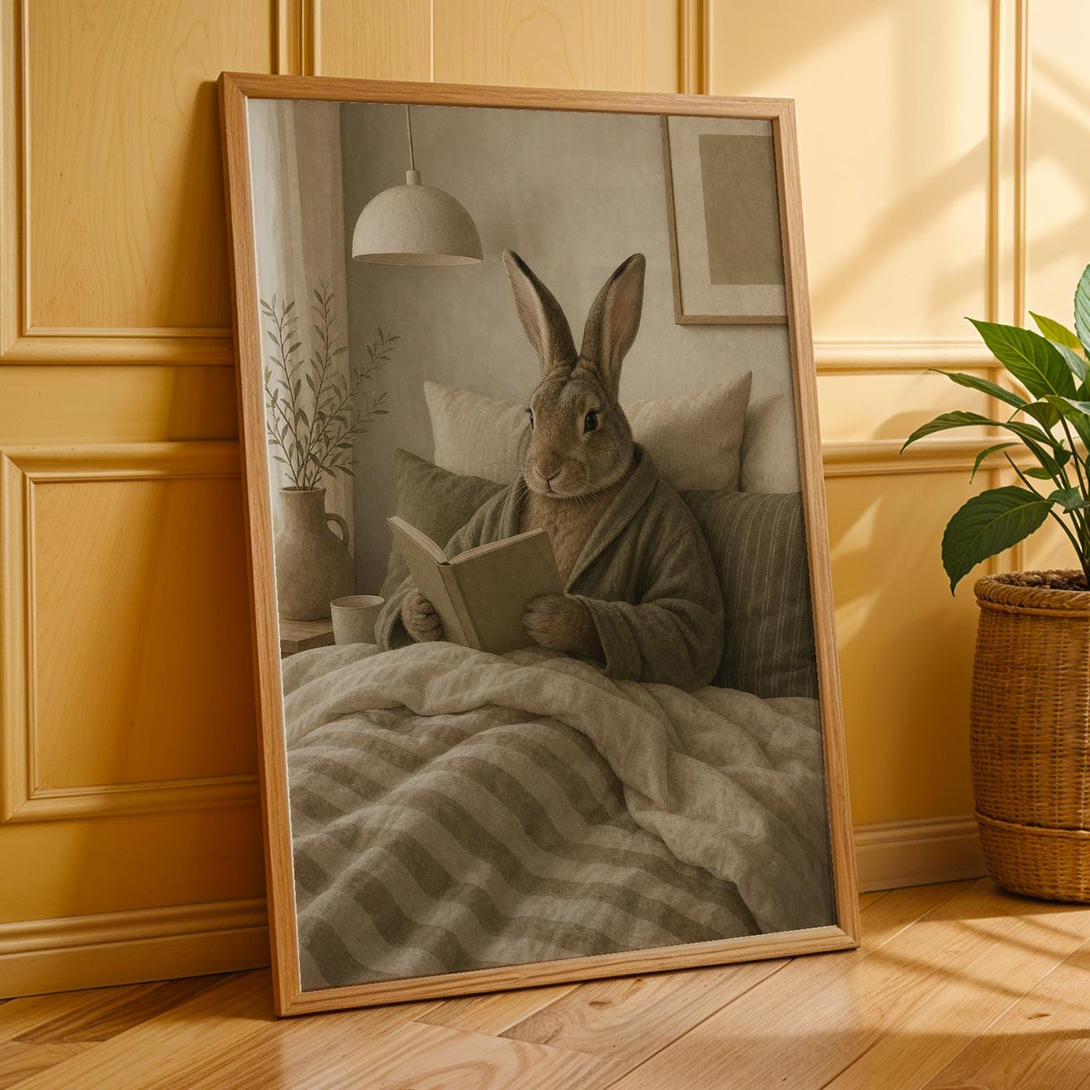 Flemish Rabbit Reading in Bed Poster | Nordic Gouache Bunny Wall Art | Warm Oat Milk Neutral Decor | Cozy Minimalist Bedroom Print