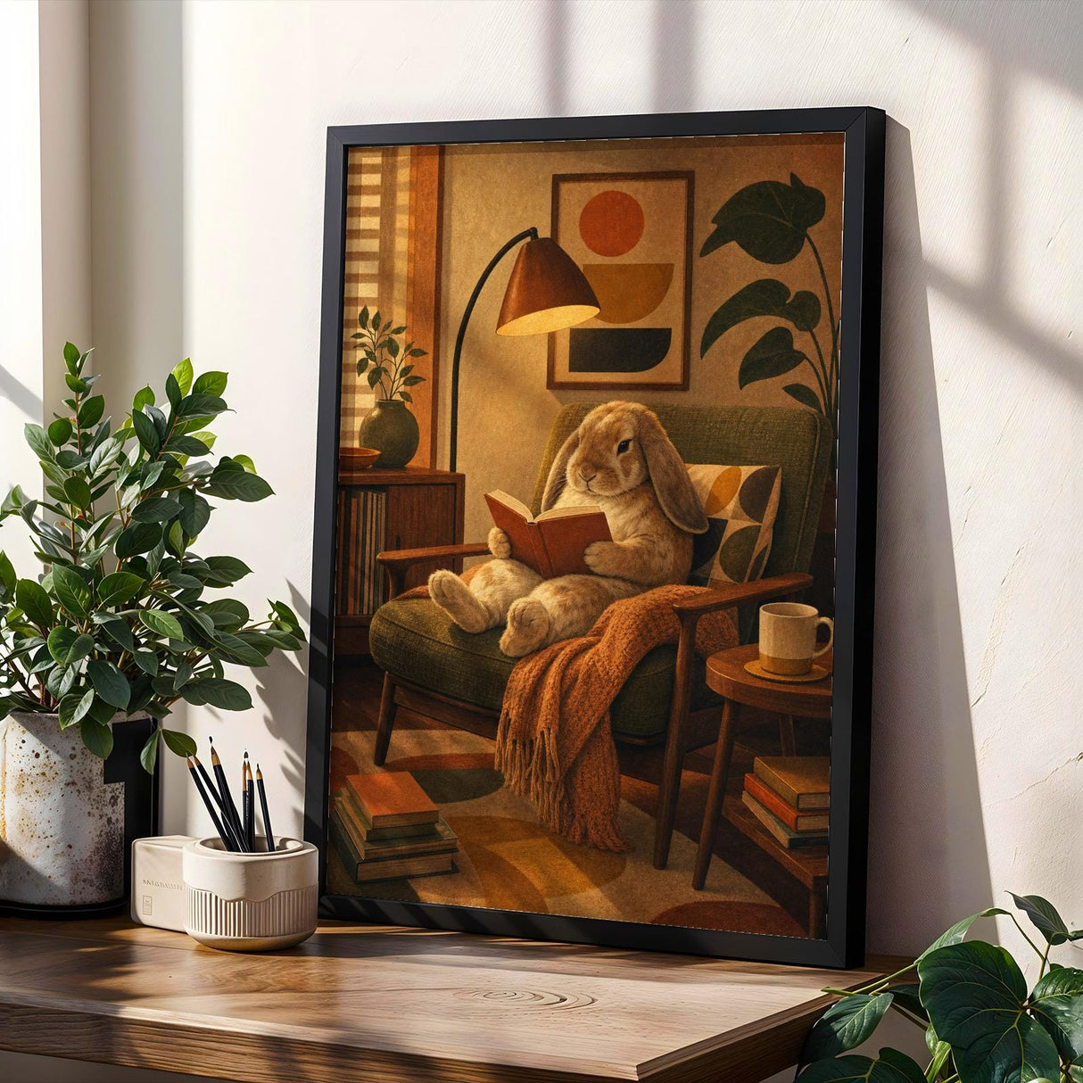French Lop Rabbit Reading in Armchair Poster | Retro Painterly Bunny Wall Art | Muted Burnt Orange Decor | Cozy Mid Century Bedroom Print