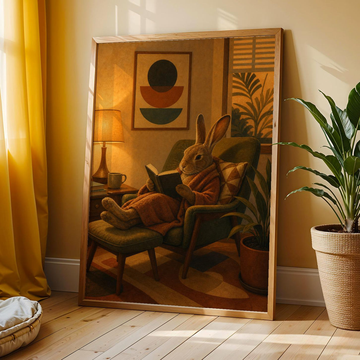 Havana Rabbit Reading in Armchair Poster | Retro Modern Bunny Wall Art | Mustard Yellow Burnt Orange Decor | Cozy Mid Century Bedroom Print