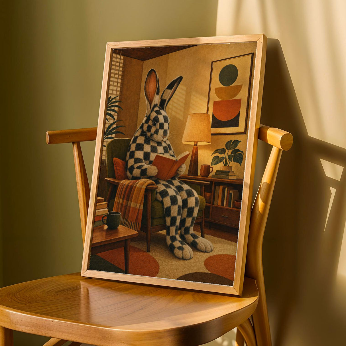 Checkered Giant Rabbit Reading in Armchair Poster | Mid Century Modern Bunny Wall Art | Yellow Brown Decor | Cozy Retro Living Room Print