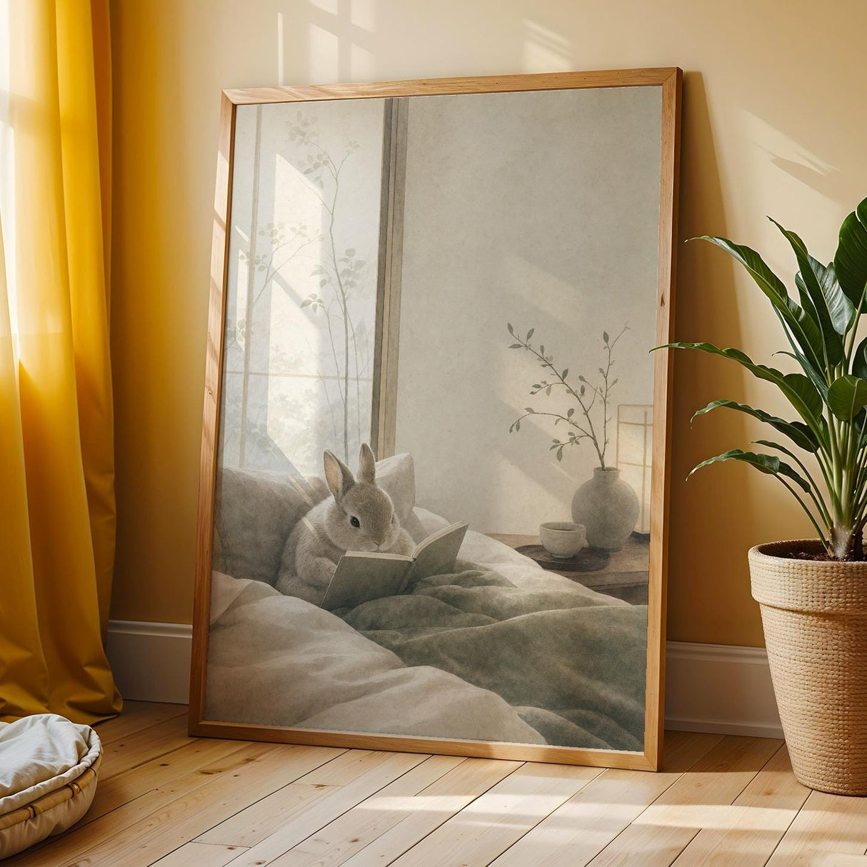 Netherland Dwarf Rabbit Reading in Bed Poster | Japanese Zen Sumi-e Bunny Wall Art | Warm Ivory Fog Gray Decor | Minimalist Bedroom Print