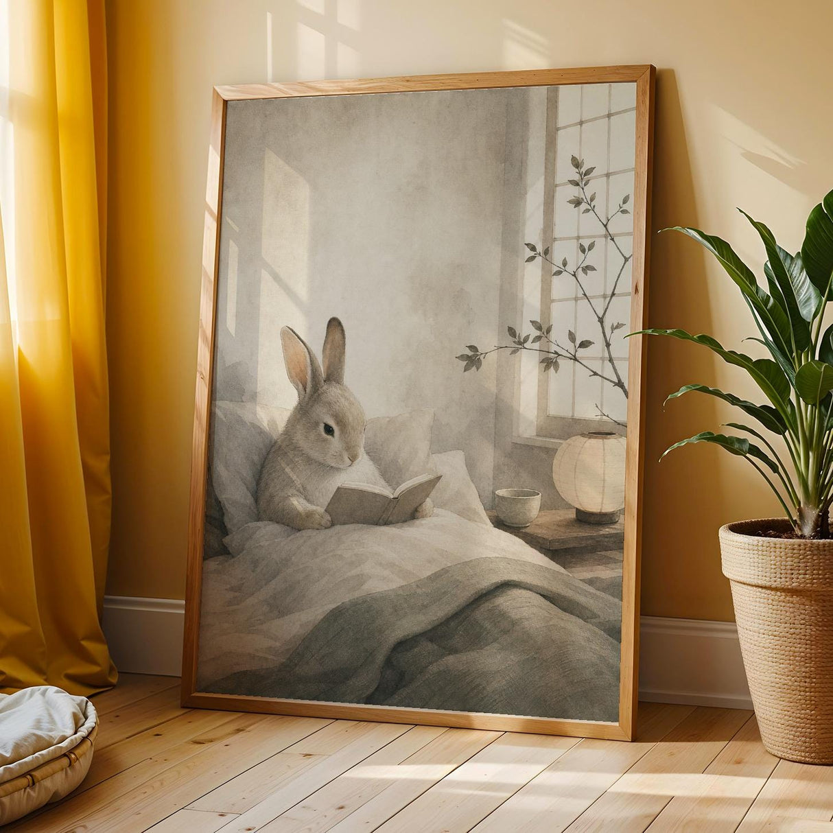 Satin Rabbit Reading in Bed Poster | Japanese Zen Sumi-e Bunny Wall Art | Warm Ivory Fog Gray Decor | Minimalist Bedroom Print