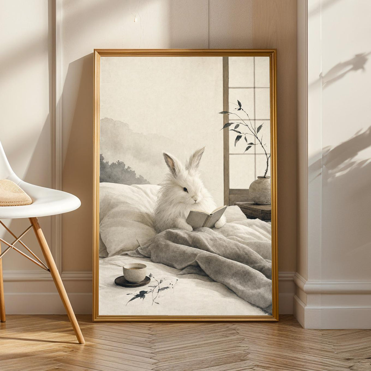 Angora Rabbit Reading in Bed Poster | Japanese Zen Ink Wash Bunny Wall Art | Warm Ivory Fog Gray Decor | Minimalist Bedroom Print