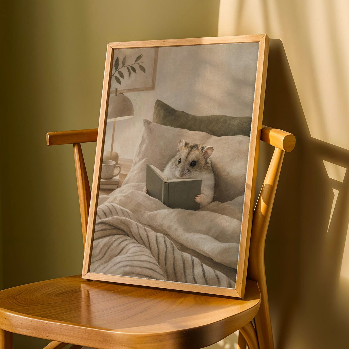 Russian Dwarf Hamster Reading in Bed Poster | Modern Gouache Hamster Wall Art | Warm Beige Oat Milk Decor | Cozy Minimalist Bedroom Print