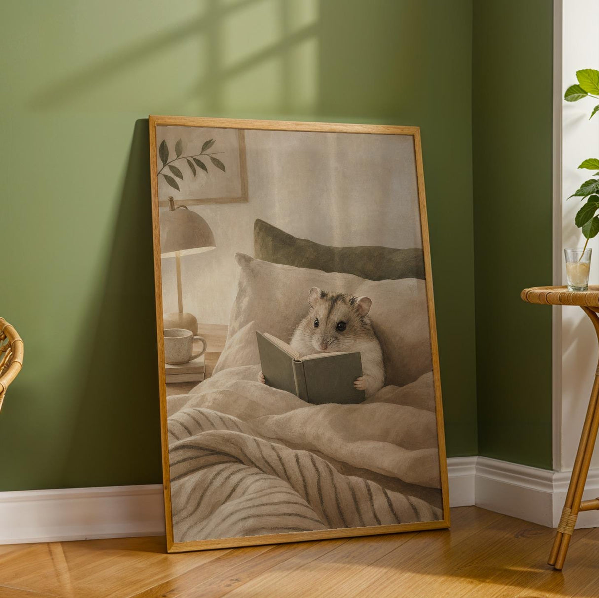 Russian Dwarf Hamster Reading in Bed Poster | Modern Gouache Hamster Wall Art | Warm Beige Oat Milk Decor | Cozy Minimalist Bedroom Print