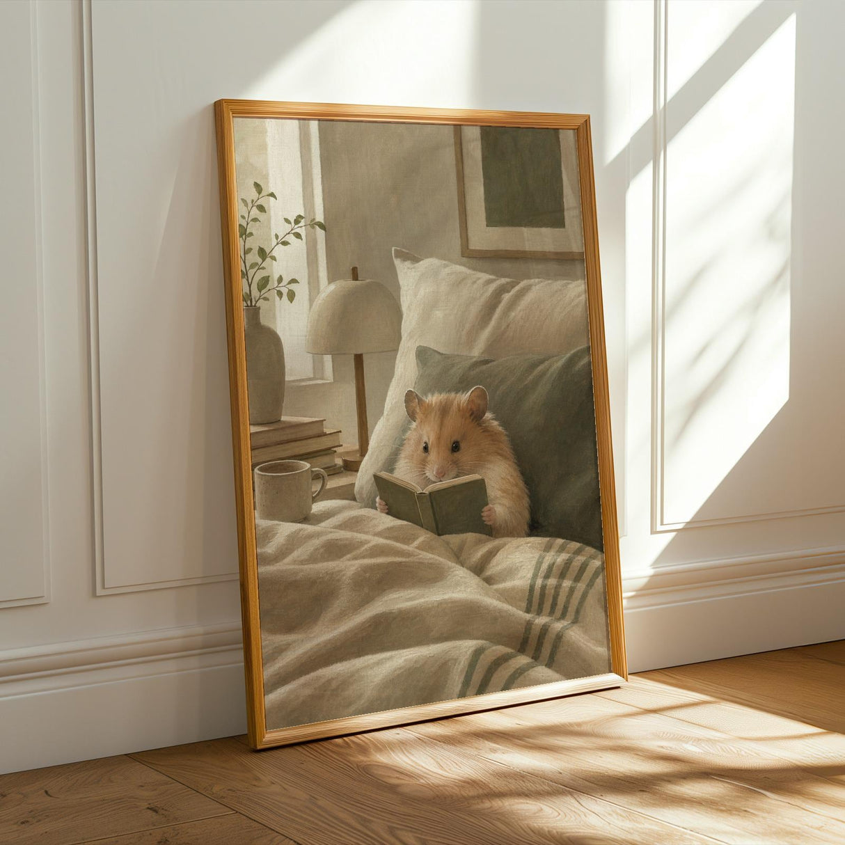 Chinese Hamster Reading in Bed Poster | Nordic Gouache Hamster Wall Art | Warm Beige Oat Milk Decor | Cozy Nursery Bedroom Print