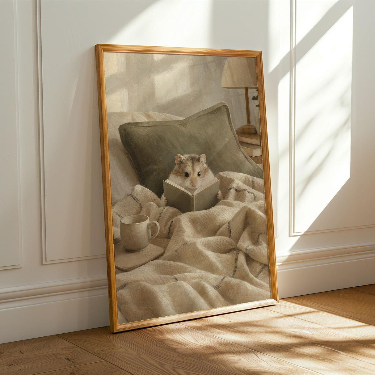 Roborovski Hamster Reading in Bed Poster | Modern Gouache Hamster Wall Art | Warm Beige Oat Milk Decor | Cozy Minimalist Bedroom Print