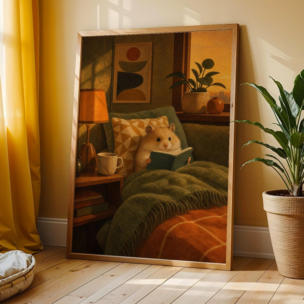 Teddy Bear Hamster Reading in Armchair Poster | Mid Century Modern Editorial Wall Art | Orange Yellow Decor | Cozy Retro Living Room Print