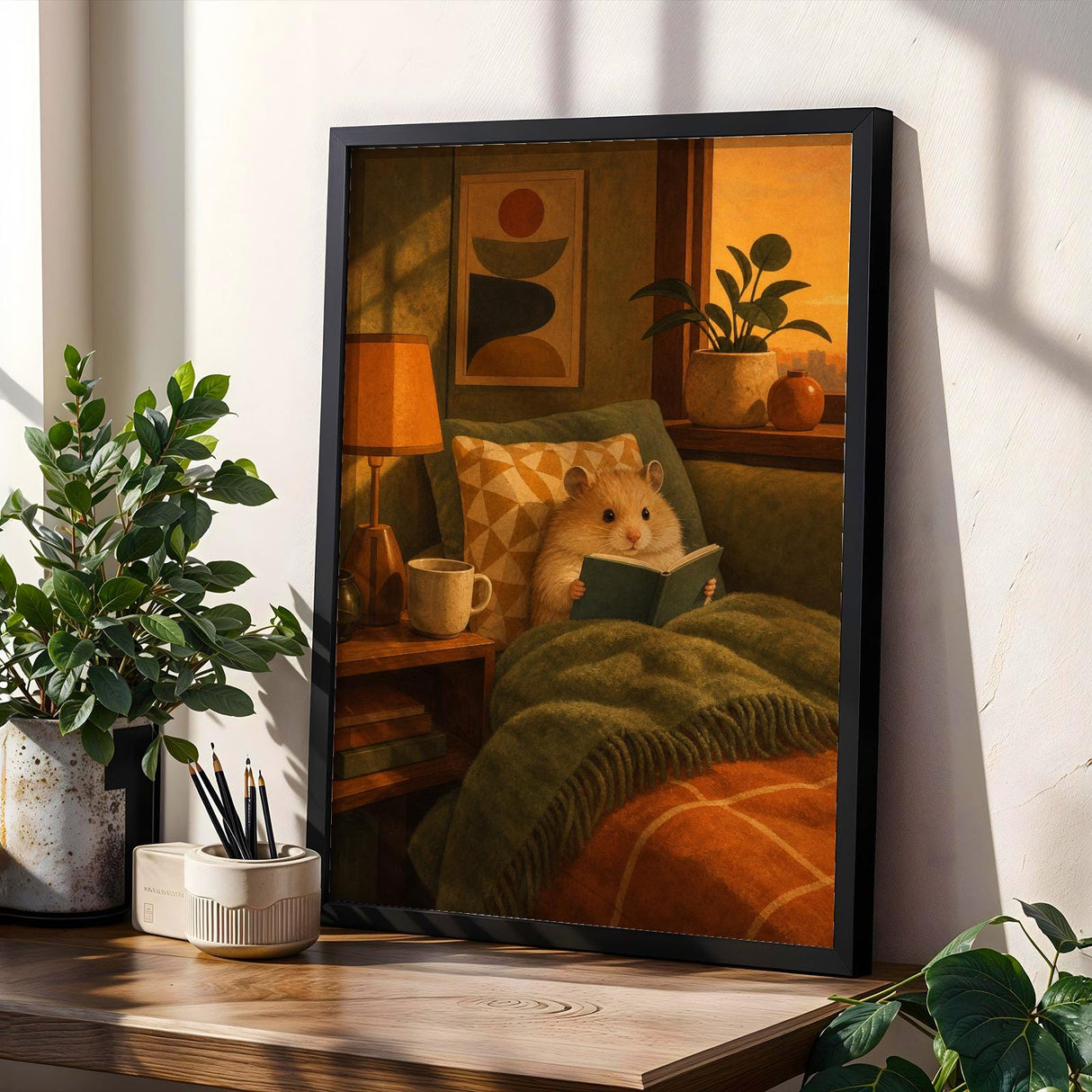 Teddy Bear Hamster Reading in Armchair Poster | Mid Century Modern Editorial Wall Art | Orange Yellow Decor | Cozy Retro Living Room Print