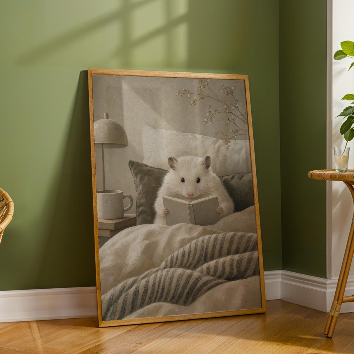 Winter White Hamster Reading in Bed Poster | Modern Gouache Hamster Wall Art | Warm Beige Soft Ivory Decor | Cozy Minimalist Bedroom Print