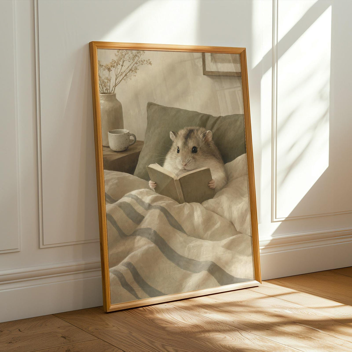 Campbell’s Dwarf Hamster Reading in Bed Poster | Nordic Gouache Hamster Wall Art | Warm Beige Oat Milk Decor | Cozy Minimalist Bedroom Print