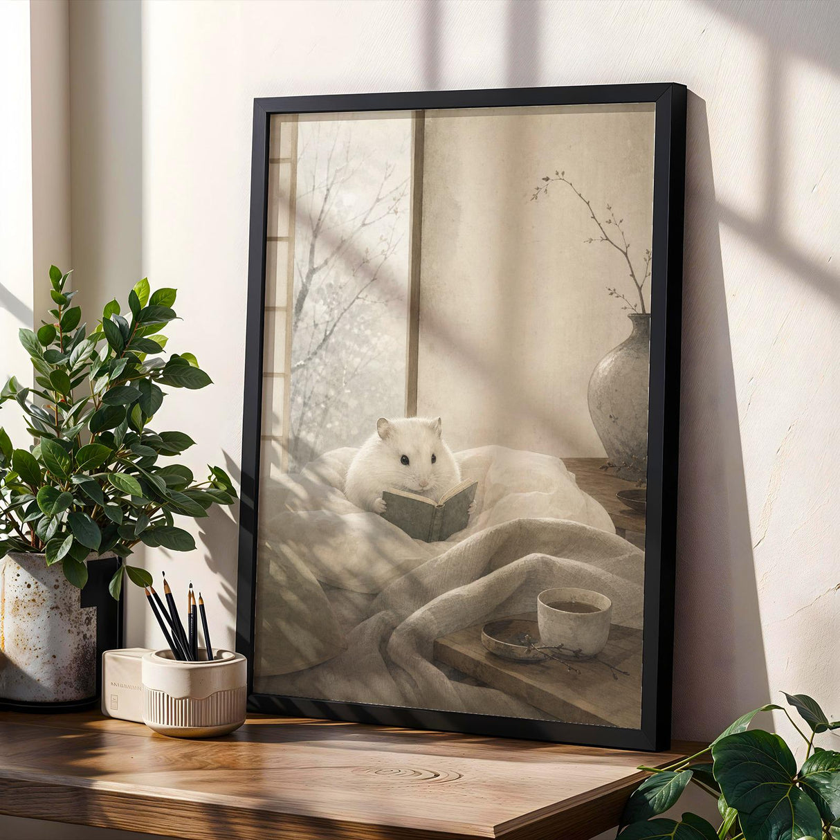 Winter White Hamster Reading in Bed Poster | Japanese Zen Sumi-e Hamster Wall Art | Warm Ivory Gray Decor | Minimalist Kyoto Bedroom Print