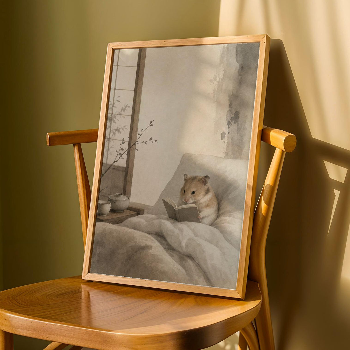 Chinese Hamster Reading in Bed Poster | Japanese Zen Ink Wash Hamster Wall Art | Warm Ivory Fog Gray Decor | Minimalist Bedroom Print