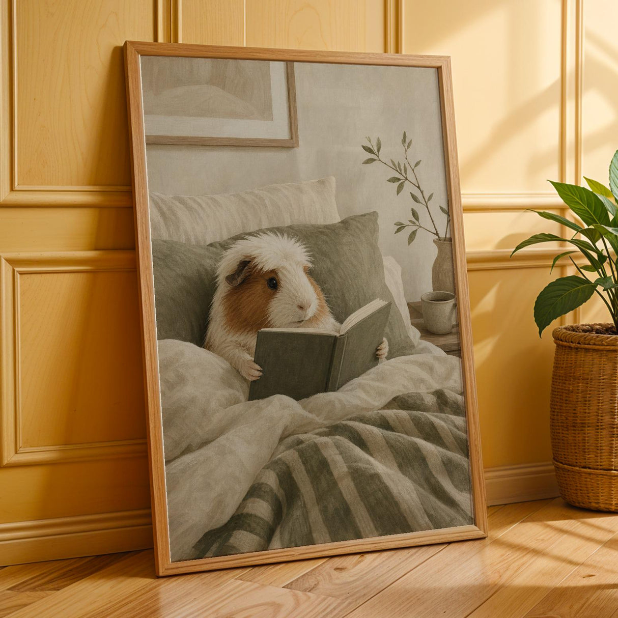 White Crested Guinea Pig Reading in Bed Poster | Nordic Gouache Guinea Pig Wall Art | Warm Neutral Bedroom Decor | Cozy Nook Print