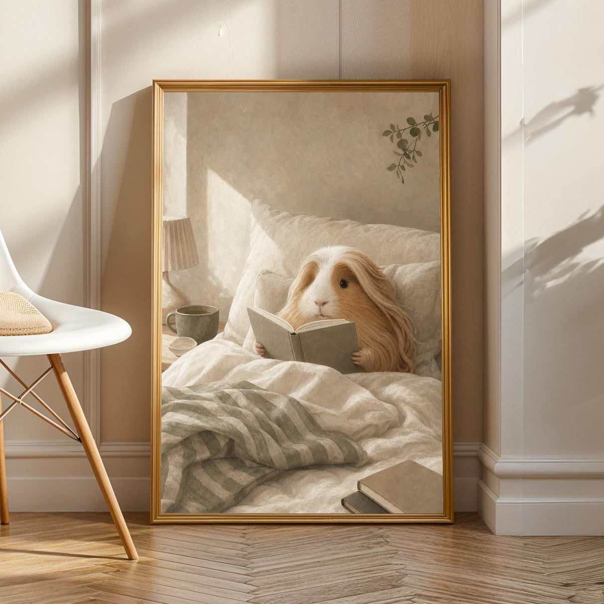 Peruvian Guinea Pig Reading in Bed Poster | Modern Soft Gouache Guinea Pig Wall Art | Warm Beige Oat Milk Decor | Cozy Bedroom Print