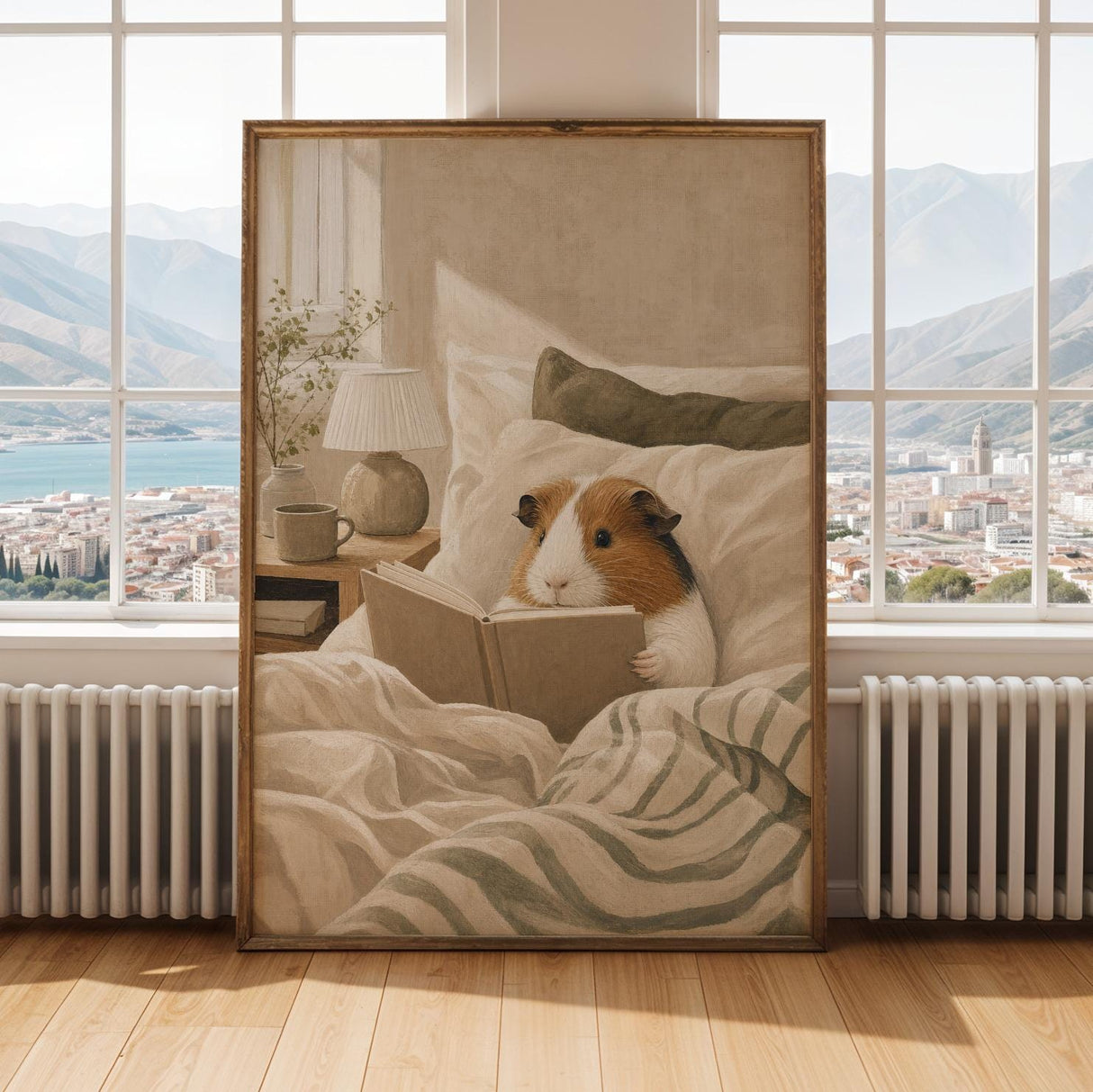 American Guinea Pig Reading in Bed Poster | Nordic Gouache Guinea Pig Wall Art | Warm Beige Oat Milk Decor | Cozy Minimalist Bedroom Print