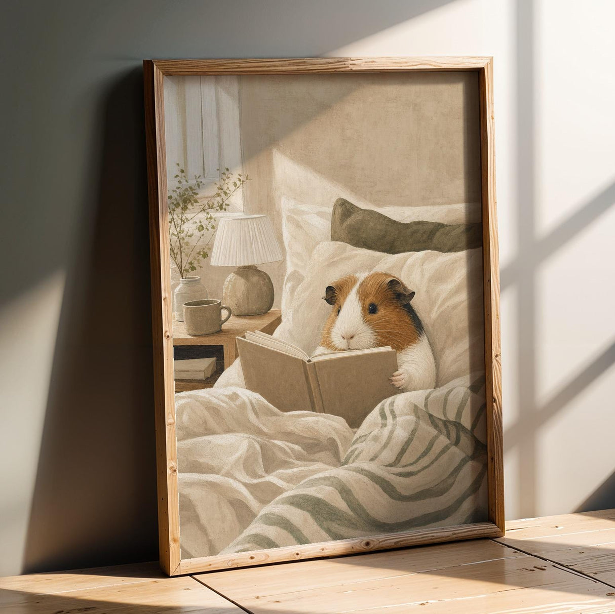 American Guinea Pig Reading in Bed Poster | Nordic Gouache Guinea Pig Wall Art | Warm Beige Oat Milk Decor | Cozy Minimalist Bedroom Print