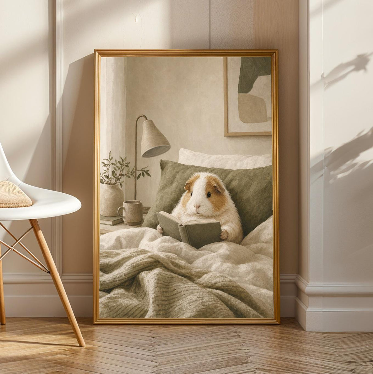 Alpaca Guinea Pig Reading in Bed Poster | Scandinavian Gouache Guinea Pig Wall Art | Warm Beige Oat Milk Decor | Cozy Nordic Bedroom Print