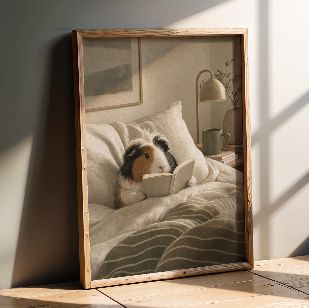 Coronet Guinea Pig Reading in Bed Poster | Scandinavian Gouache Guinea Pig Wall Art | Warm Beige Oat Milk Decor | Cozy Bedroom Print
