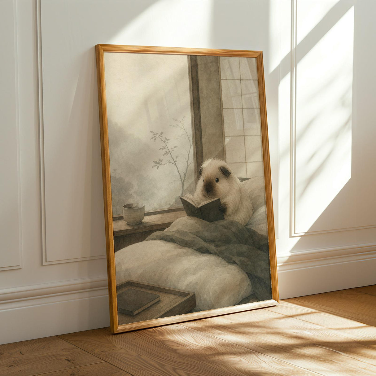 Himalayan Guinea Pig Reading in Bed Poster | Japanese Zen Sumi-e Guinea Pig Wall Art | Warm Ivory Fog Gray Decor | Minimalist Bedroom Print
