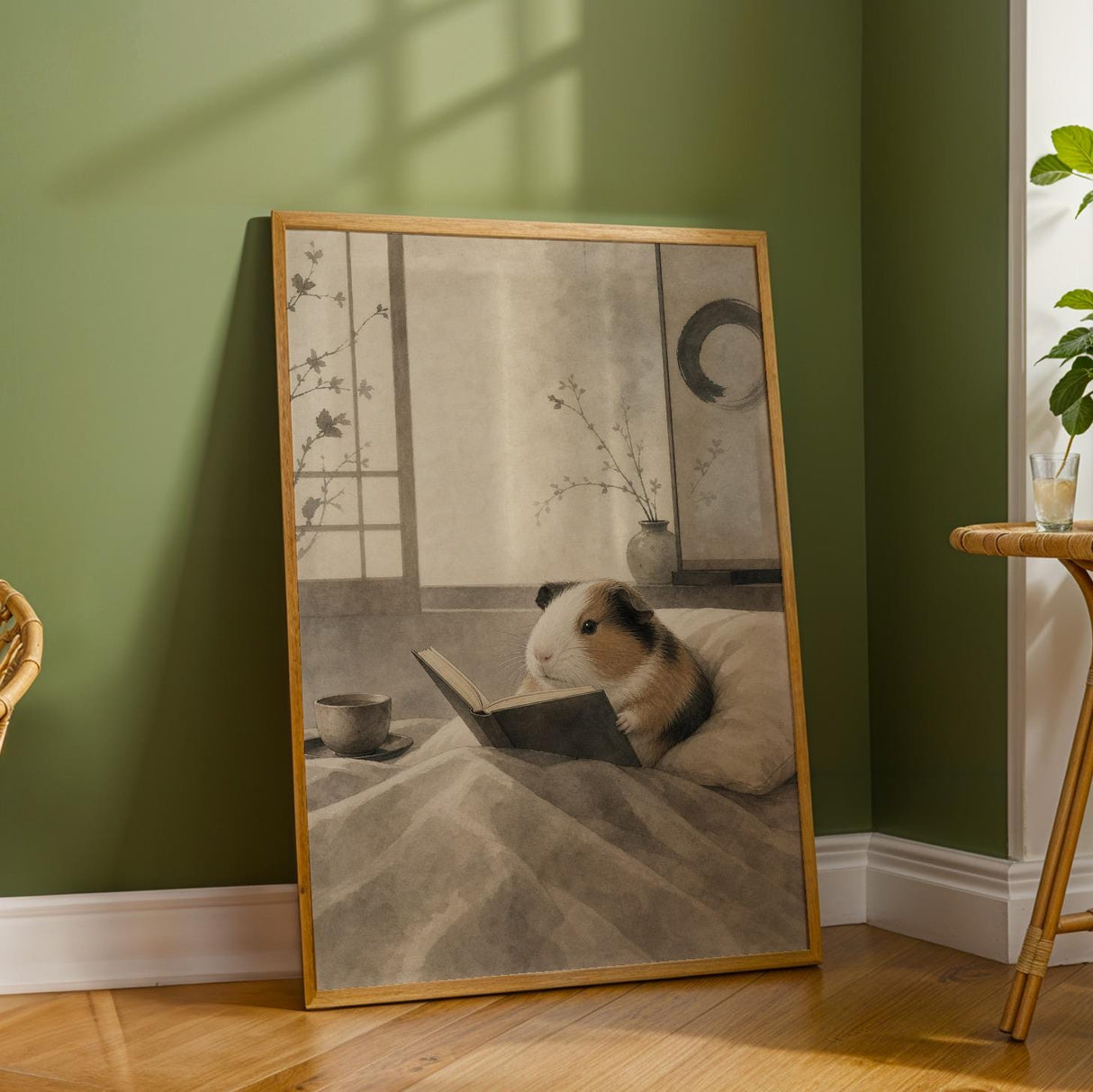 American Guinea Pig Reading in Bed Poster | Japanese Zen Ink Wash Guinea Pig Wall Art | Warm Ivory Fog Gray Decor | Minimalist Bedroom Print