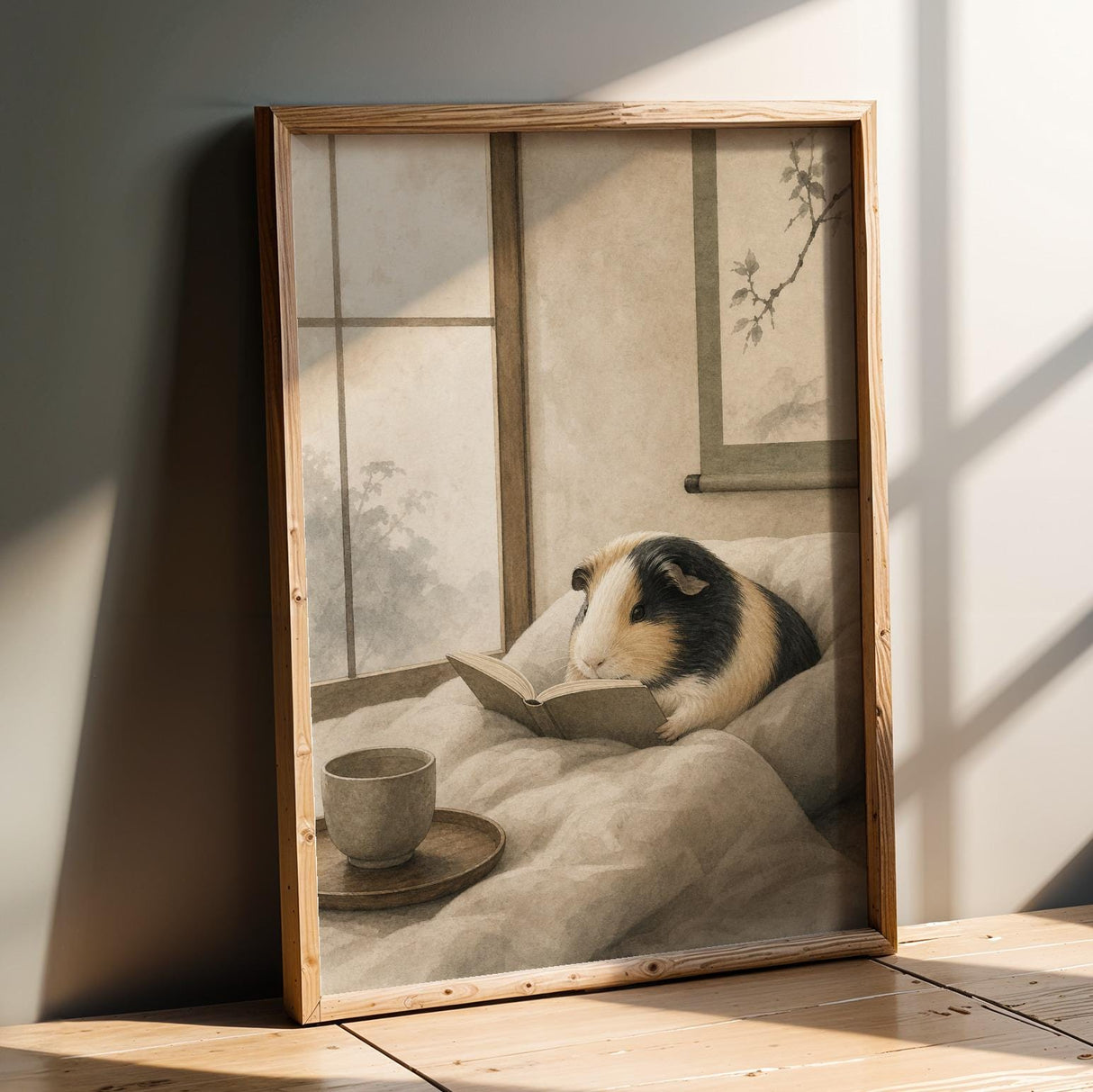 Satin Guinea Pig Reading in Bed Poster | Japanese Zen Ink Wash Guinea Pig Wall Art | Warm Ivory Fog Gray Decor | Living Room Print