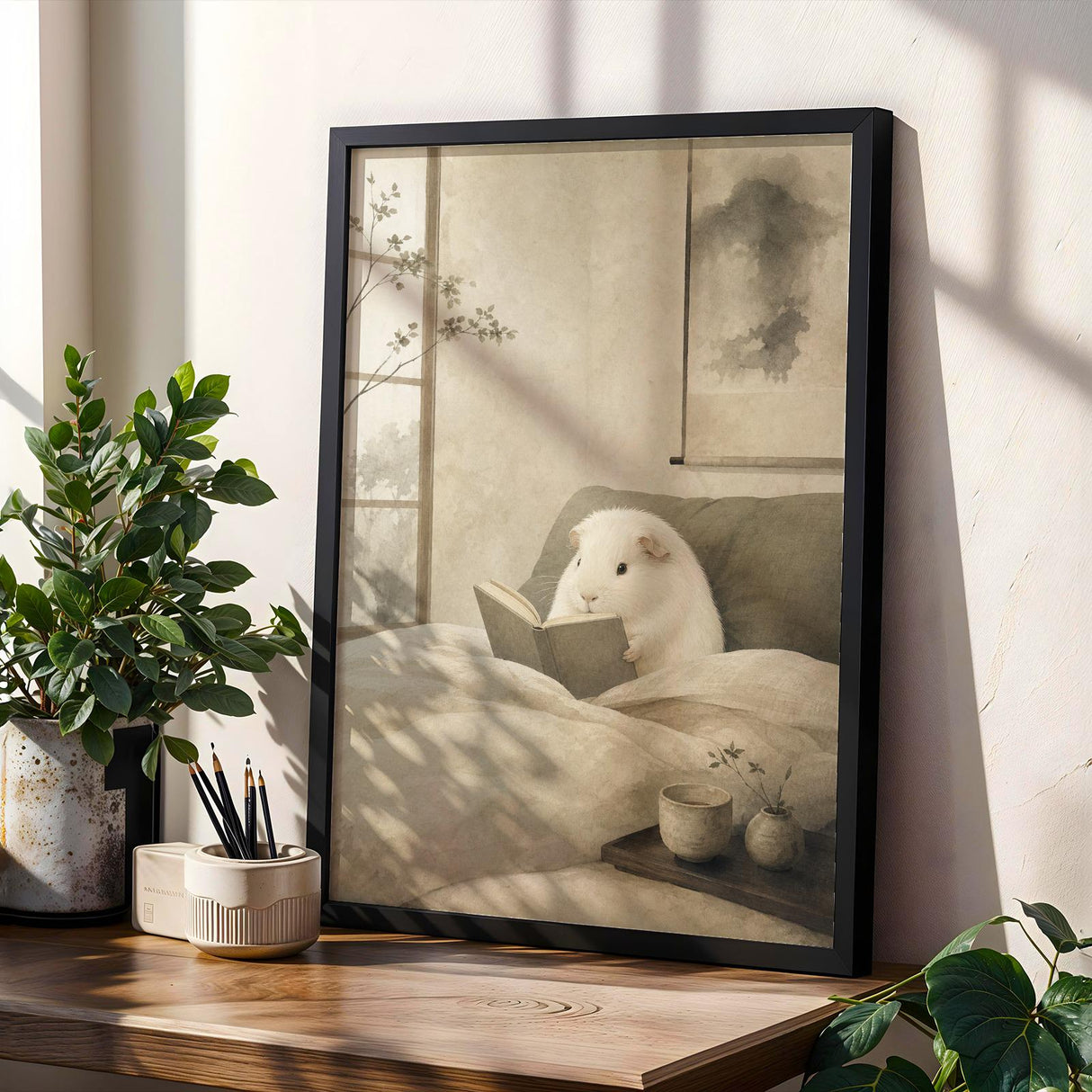 White Guinea Pig Reading in Bed Poster | Japanese Zen Sumi-e Guinea Pig Wall Art | Warm Ivory Fog Gray Decor | Minimalist Bedroom Print