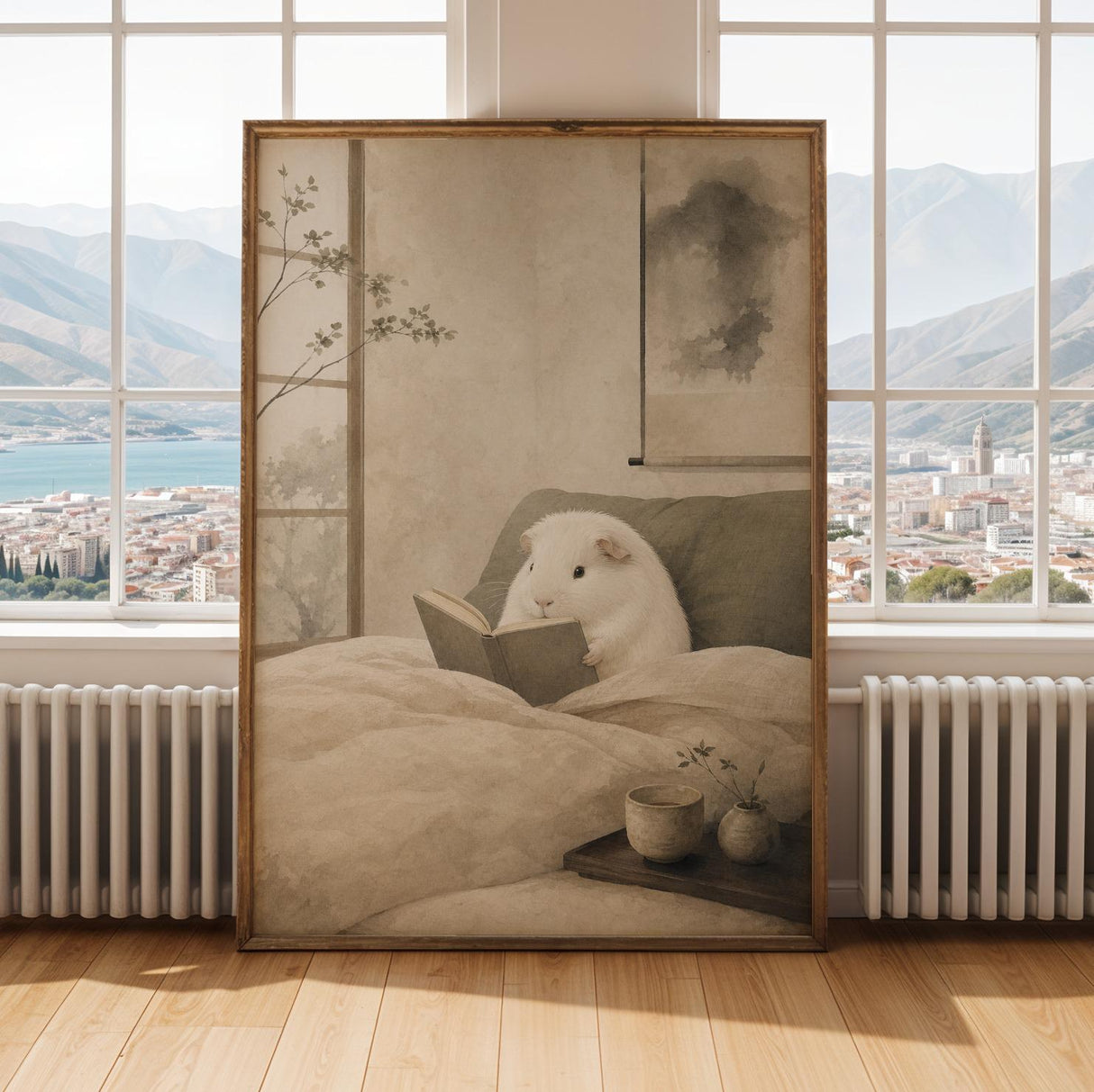 White Guinea Pig Reading in Bed Poster | Japanese Zen Sumi-e Guinea Pig Wall Art | Warm Ivory Fog Gray Decor | Minimalist Bedroom Print