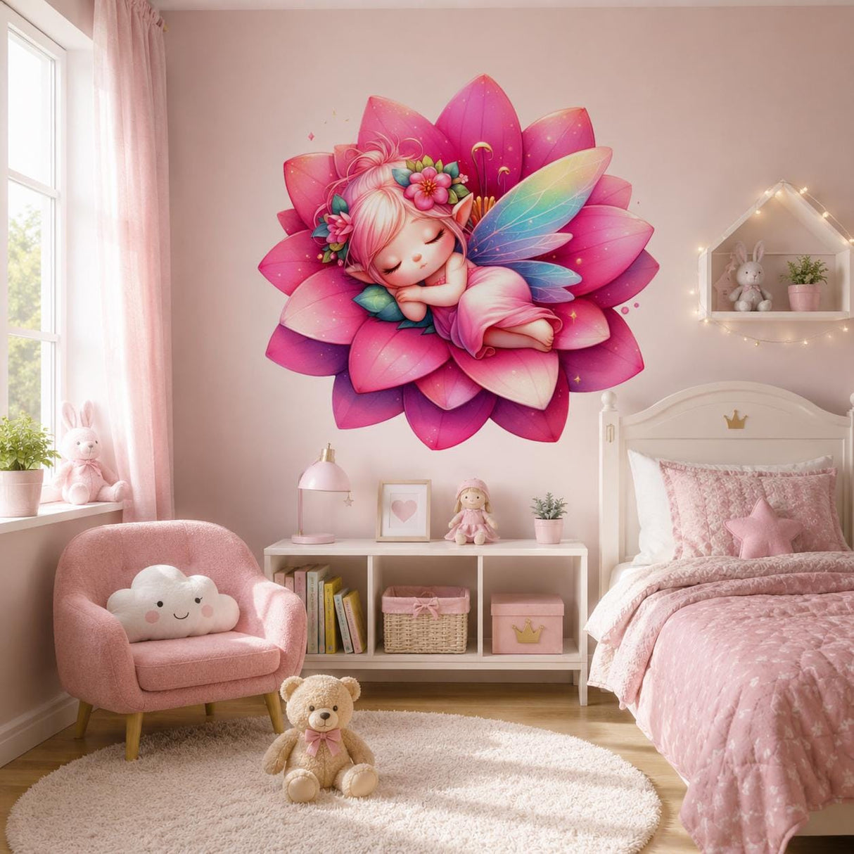 Sleeping Fairy Wall Vinyl Decal | Cute Pink Lotus Flower Fairy Sticker | Nursery Bedroom Wall Art | Whimsical Baby Girl Room Decor