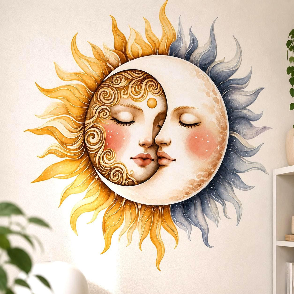 Sun and moon face wall vinyl decal in watercolor style with golden sun rays and silvery moon rays, featuring two serene faces nestled together.