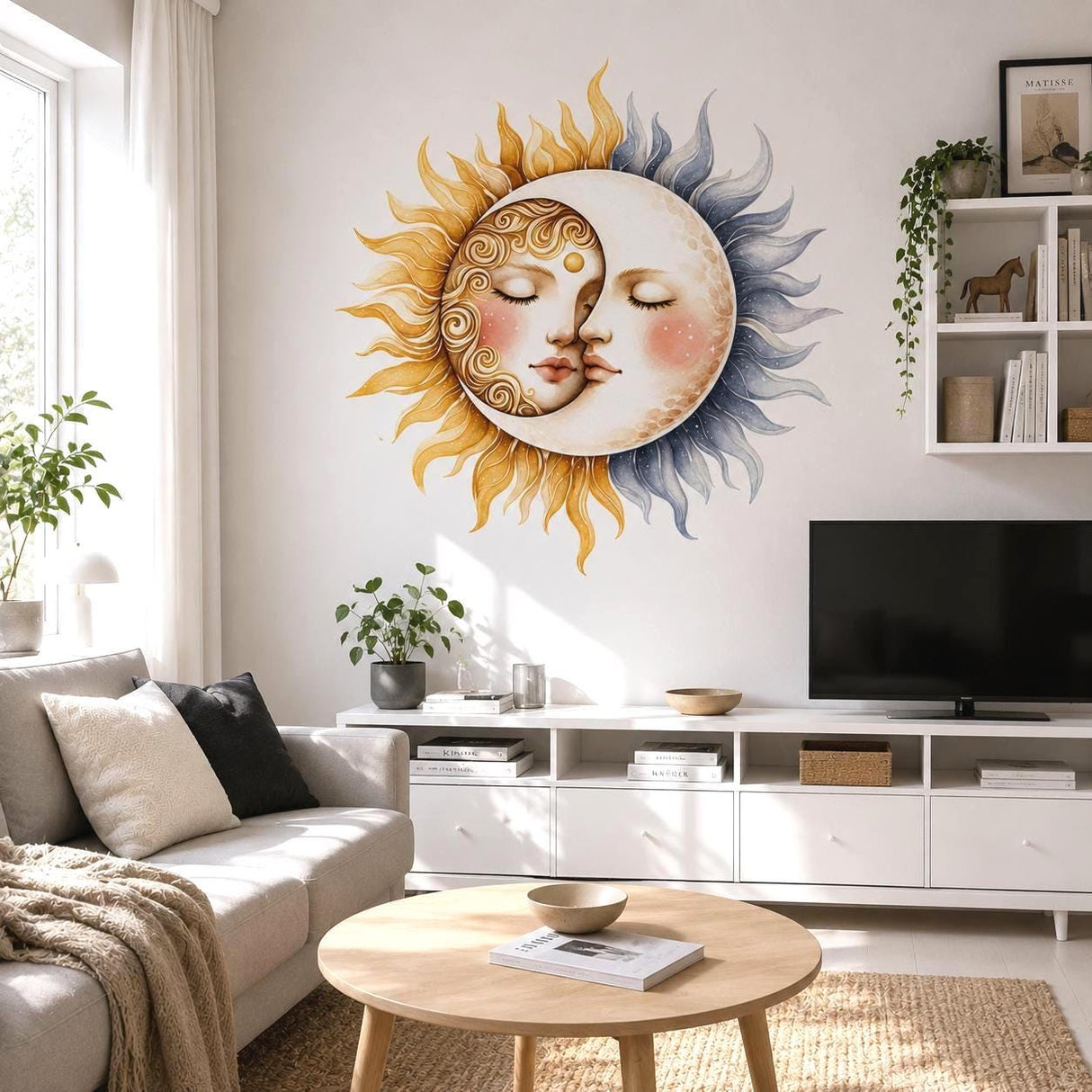 Sun and Moon Wall Vinyl Decal | Celestial Face Sticker | Boho Astrology Wall Art | Nursery Bedroom Living Room Decor | Watercolor Sky