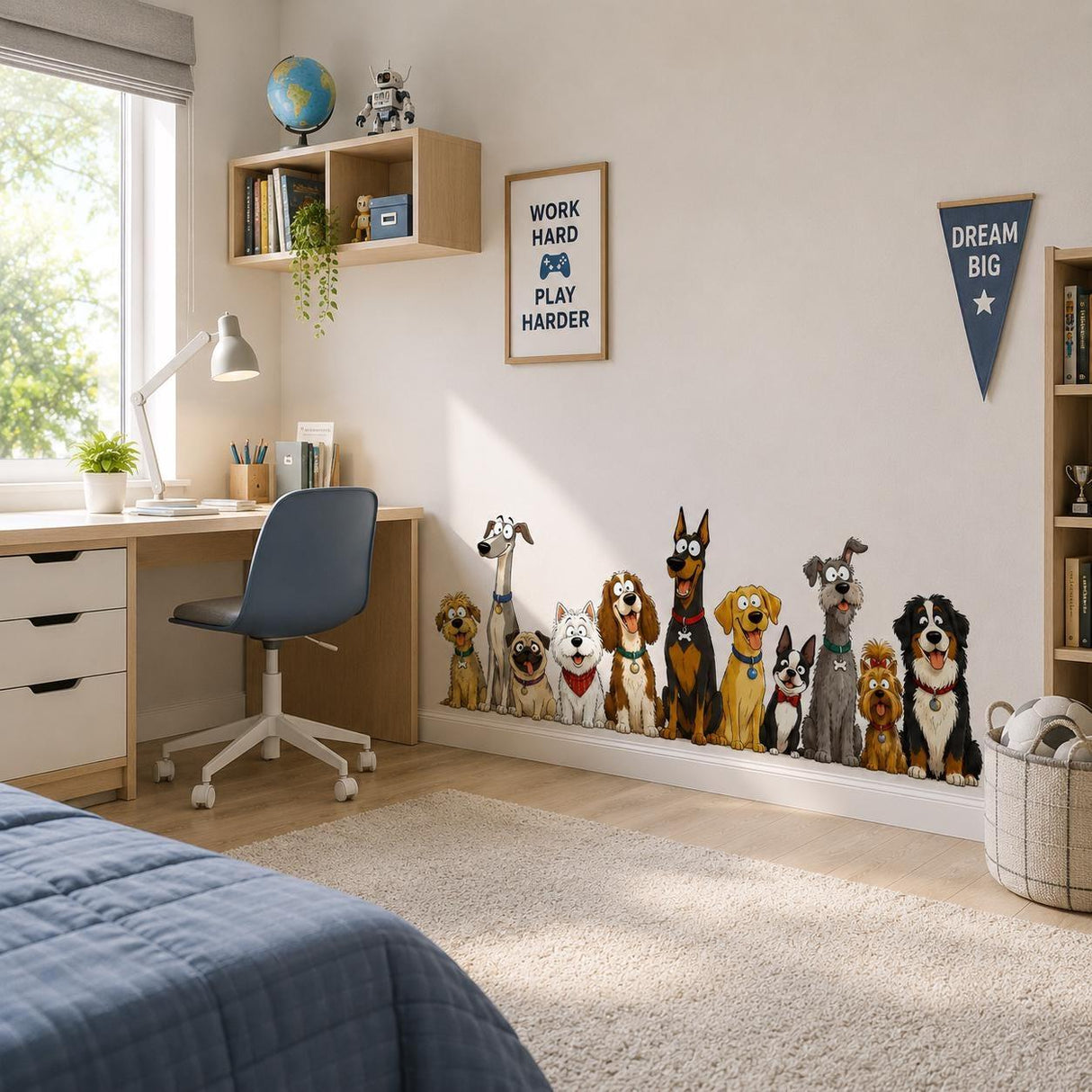 Funny Dog Group Wall Vinyl Decal | Cartoon Puppy Pack Sticker | Pet Lover Wall Art | Kids Room Playroom Decor | Dog Breeds Illustration