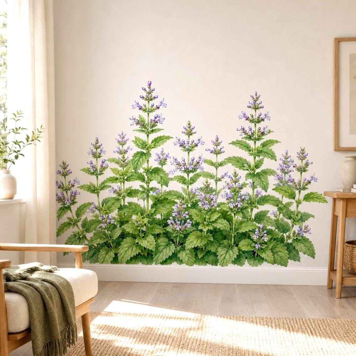 Watercolor-style wall vinyl decal of a lush lemon balm (melissa) plant with green leaves and small light purple flowers arranged like a herb garden patch.