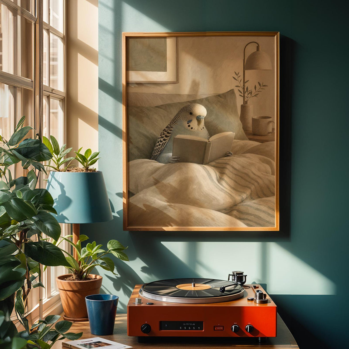 English Budgerigar Reading in Bed Poster | Modern Gouache Bird Wall Art | Warm Beige Oat Milk Decor | Cozy Minimalist Bedroom Print