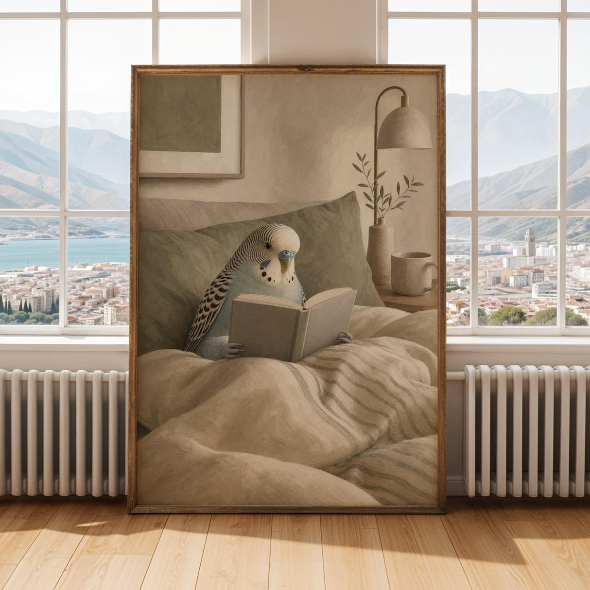 English Budgerigar Reading in Bed Poster | Modern Gouache Bird Wall Art | Warm Beige Oat Milk Decor | Cozy Minimalist Bedroom Print
