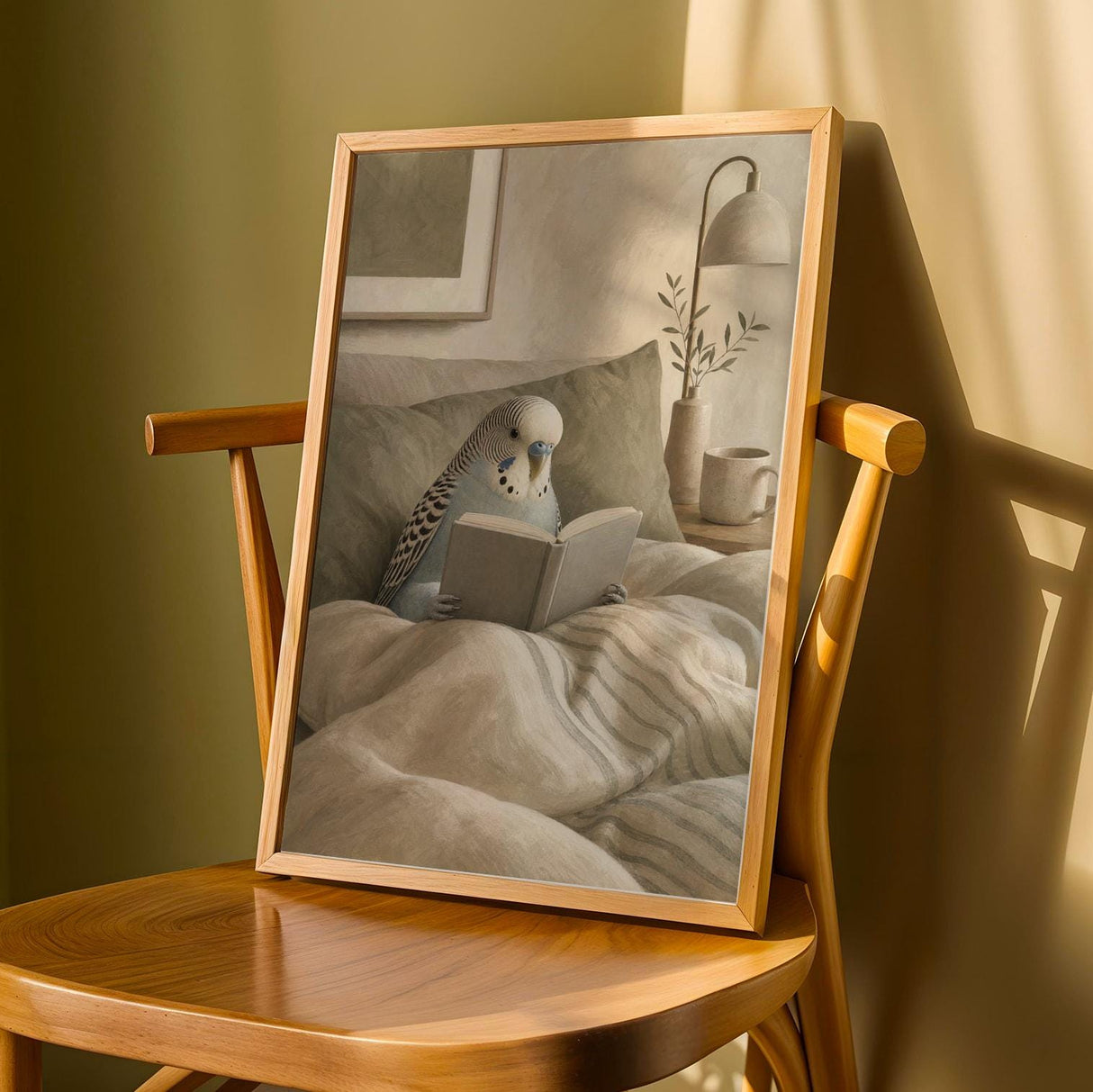 English Budgerigar Reading in Bed Poster | Modern Gouache Bird Wall Art | Warm Beige Oat Milk Decor | Cozy Minimalist Bedroom Print