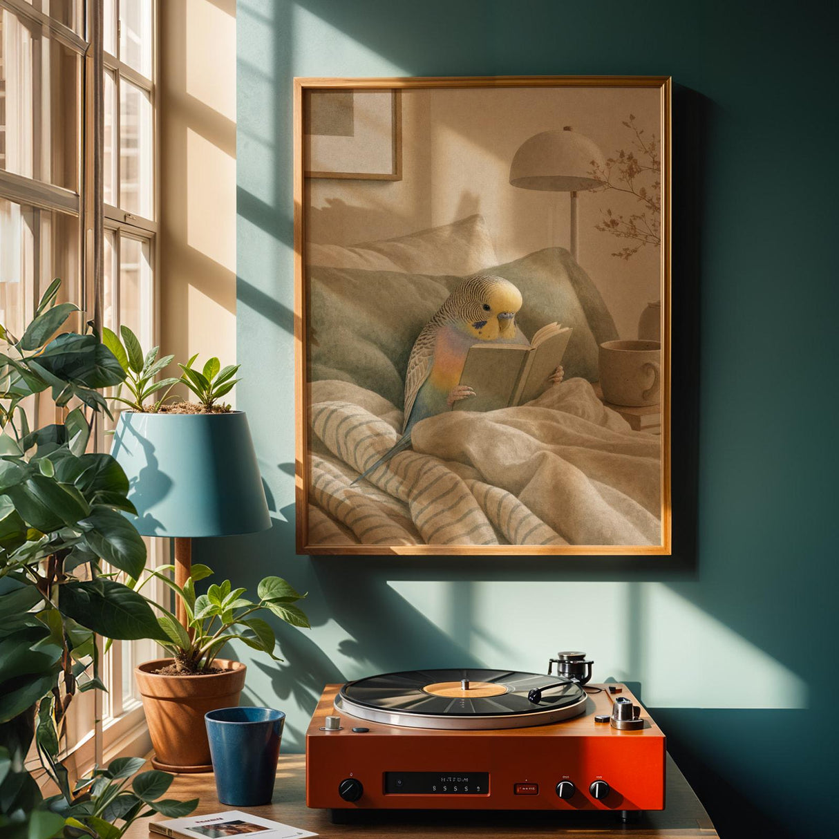 Rainbow Budgerigar Reading in Bed Poster | Modern Gouache Bird Wall Art | Warm Beige Dusty Sage Decor | Cozy Minimalist Bedroom Print