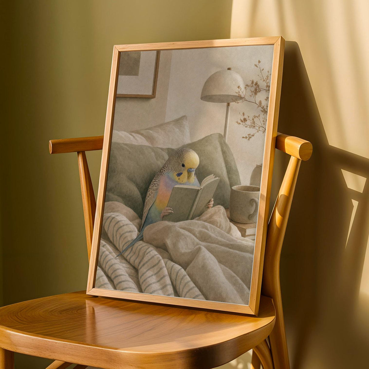 Rainbow Budgerigar Reading in Bed Poster | Modern Gouache Bird Wall Art | Warm Beige Dusty Sage Decor | Cozy Minimalist Bedroom Print