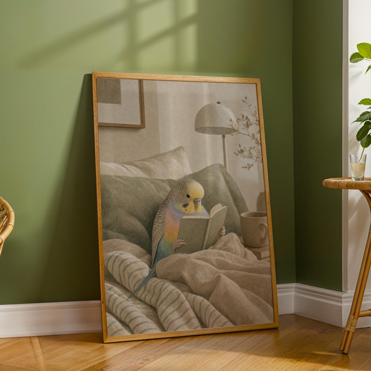 Rainbow Budgerigar Reading in Bed Poster | Modern Gouache Bird Wall Art | Warm Beige Dusty Sage Decor | Cozy Minimalist Bedroom Print