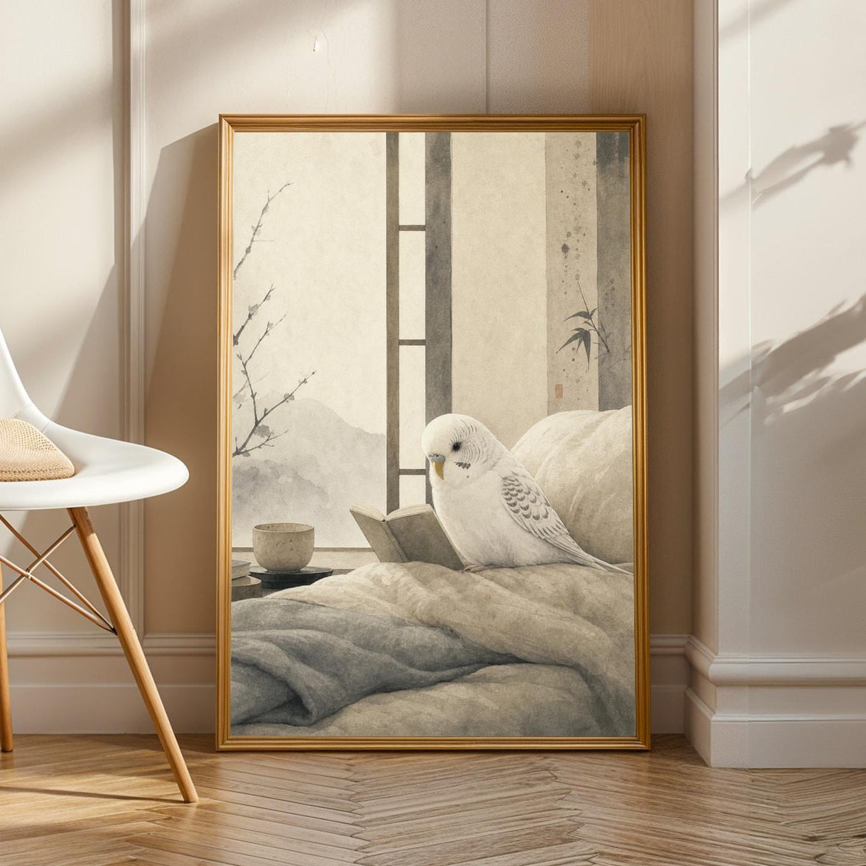 White Budgerigar Reading in Bed Poster | Japanese Zen Sumi-e Bird Wall Art | Warm Ivory Fog Gray Decor | Minimalist Bedroom Print