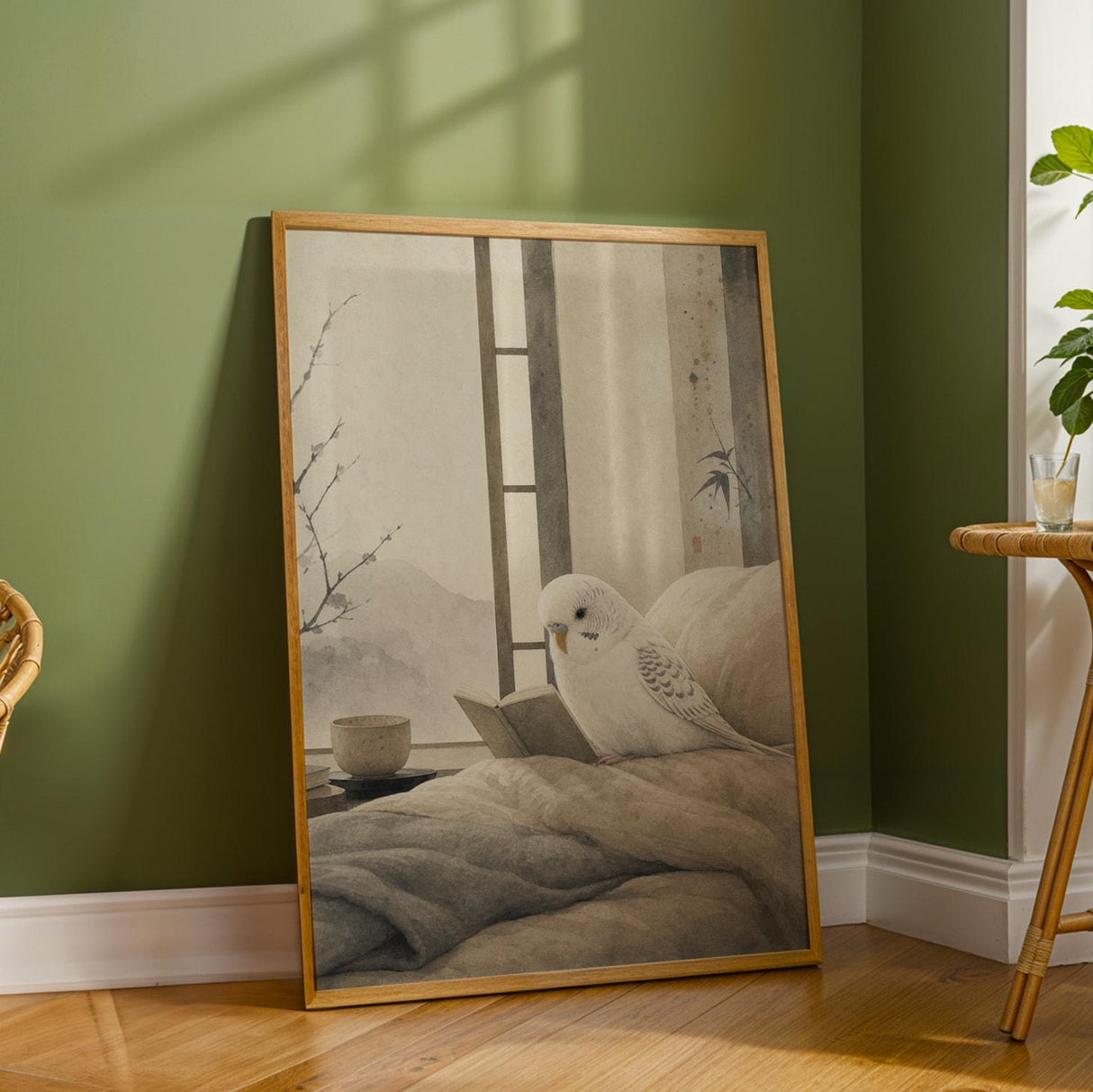 White Budgerigar Reading in Bed Poster | Japanese Zen Sumi-e Bird Wall Art | Warm Ivory Fog Gray Decor | Minimalist Bedroom Print