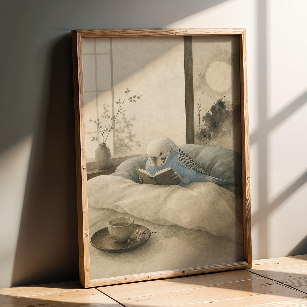 Sky Blue Budgerigar Reading in Bed Poster | Japanese Zen Ink Wash Bird Wall Art | Teal Warm Ivory Decor | Minimalist Bedroom Print