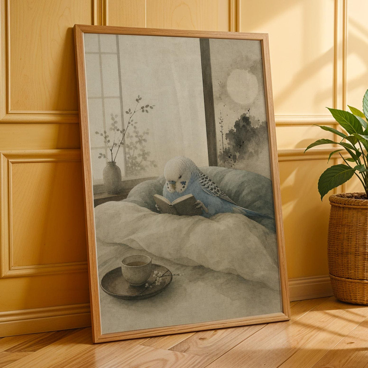 Sky Blue Budgerigar Reading in Bed Poster | Japanese Zen Ink Wash Bird Wall Art | Teal Warm Ivory Decor | Minimalist Bedroom Print