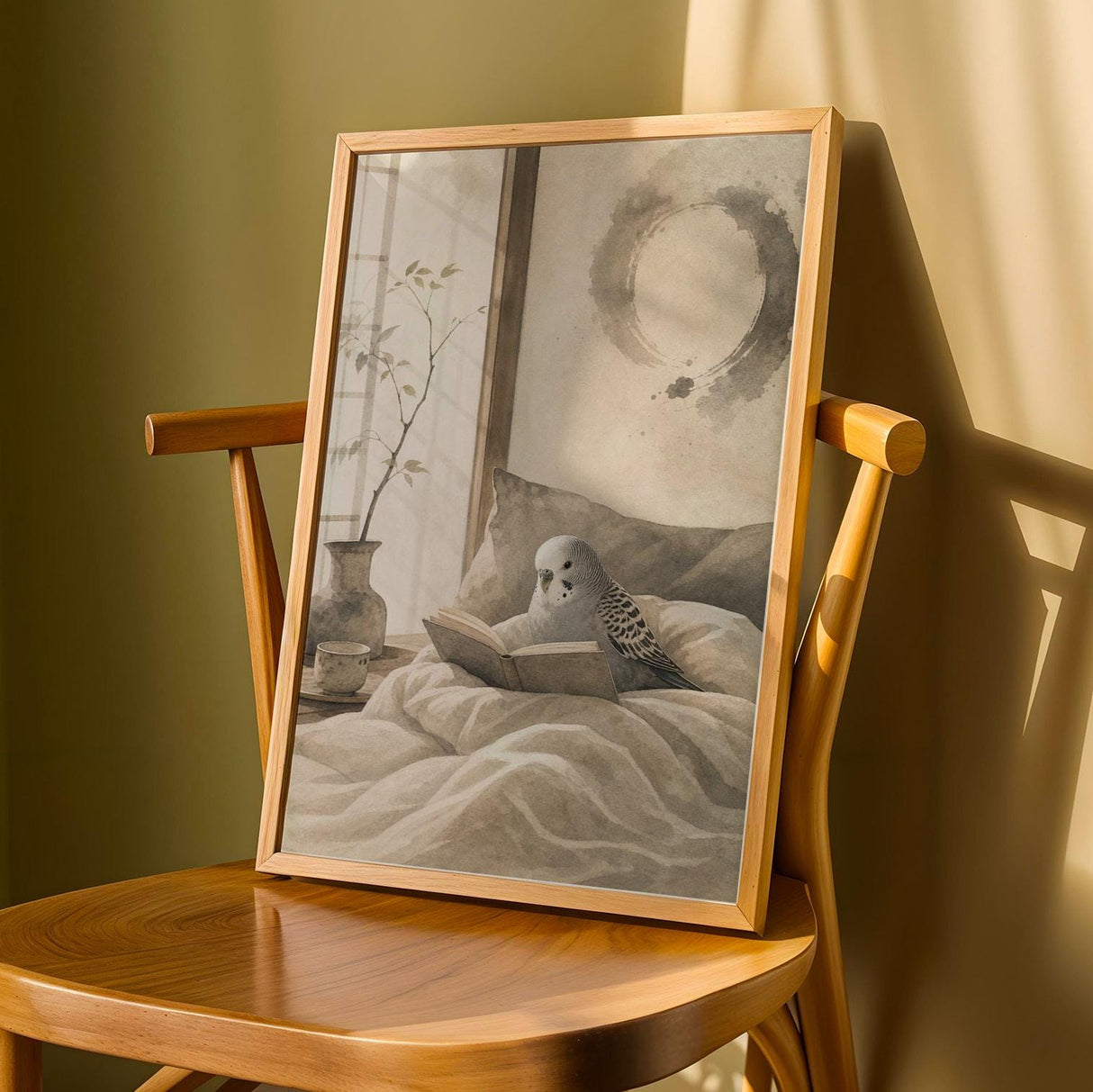 Budgerigar Reading in Bed Poster | Japanese Zen Ink Wash Bird Wall Art | Warm Ivory Fog Gray Decor | Minimalist Bedroom Print