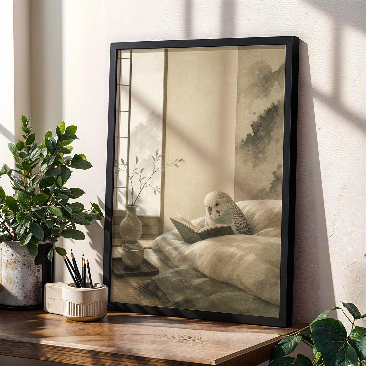 English Budgerigar Reading in Bed Poster | Japanese Zen Ink Wash Bird Wall Art | Warm Ivory Fog Gray Decor | Minimalist Bedroom Print